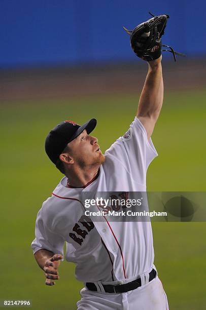 Drew of the Boston Red Sox catches a fly ball during the 79th MLB All-Star Game at the Yankee Stadium in the Bronx, New York on July 15, 2008. The...