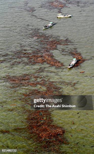 In this aerial image, fishermen collect driftwood which were washed by mudslide triggered by torrential rain starting July 5, at Ariake Sea on July...