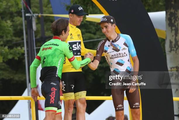 Second Rigoberto Uran of Colombia and Cannondale-Drapac, winner Christopher Froome of Great Britain and Team Sky, third Romain Bardet of France and...