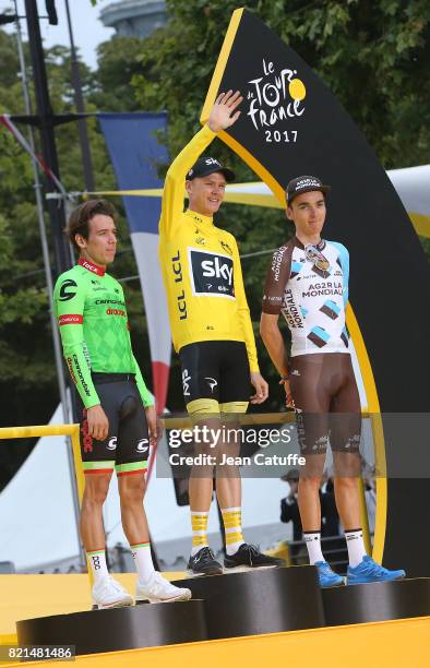 Second Rigoberto Uran of Colombia and Cannondale-Drapac, winner Christopher Froome of Great Britain and Team Sky, third Romain Bardet of France and...