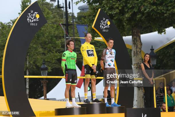 Second Rigoberto Uran of Colombia and Cannondale-Drapac, winner Christopher Froome of Great Britain and Team Sky, third Romain Bardet of France and...