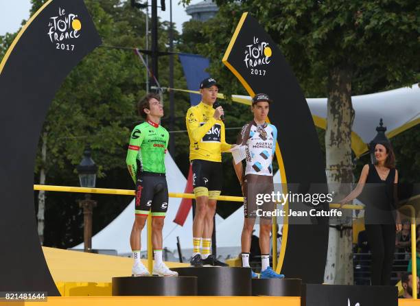 Second Rigoberto Uran of Colombia and Cannondale-Drapac, winner Christopher Froome of Great Britain and Team Sky, third Romain Bardet of France and...