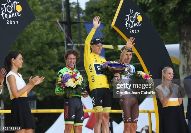 Second Rigoberto Uran of Colombia and Cannondale-Drapac, winner Christopher Froome of Great Britain and Team Sky, third Romain Bardet of France and...