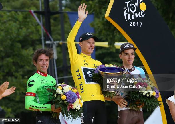 Second Rigoberto Uran of Colombia and Cannondale-Drapac, winner Christopher Froome of Great Britain and Team Sky, third Romain Bardet of France and...