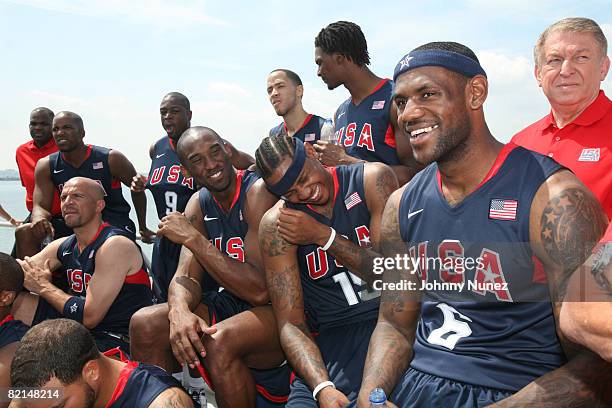 Jason Kidd, Kobe Bryant, Carmelo Anthony and LeBron James attend the U.S. Olympic Men's Basketball Team unveiling of their new team look to fans at...