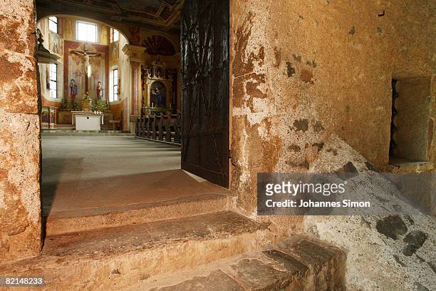 The entrance to the Holy Cross Church of Saeben Monastery is seen on August 1, 2008 in Klausen near Brixen, Italy. Pope Benedict XVI spends his...