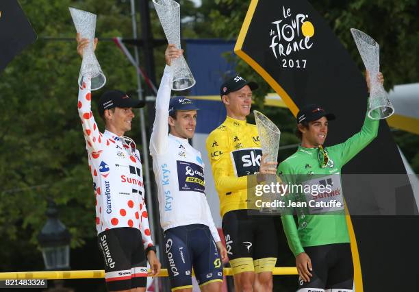 Best climber Warren Barguil of France and Team Sunweb, best young rider Simon Yates of Great Britain and Orica-Scott, winner Christopher Froome of...