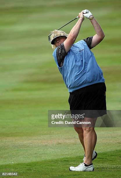 Laura Davies of England hits her second shot at the 14th hole during the second round of the 2008 Ricoh Women's British Open Championship held on the...