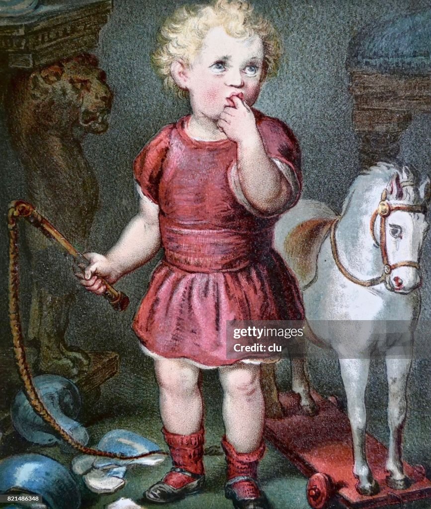 Girl standing with whip between his toys with a broken vase