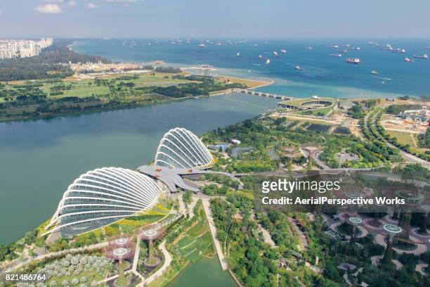 aerial view of gardens by the bay from sand sky park, singapore - singapore botanic gardens stock pictures, royalty-free photos & images