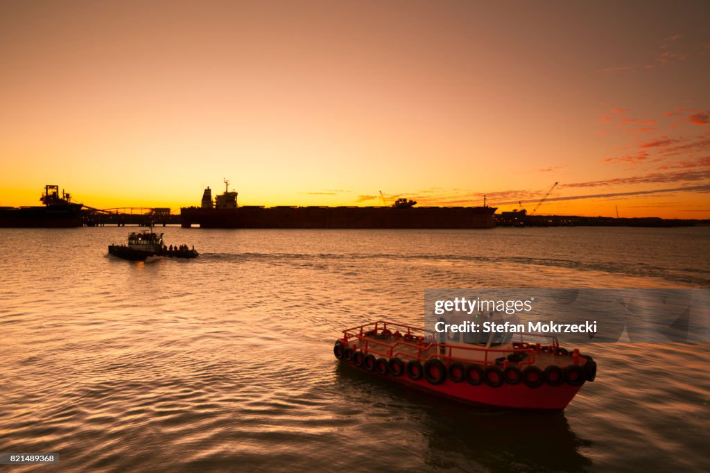 Iron Ore Ships At Sunset, Port Hedland, Australia