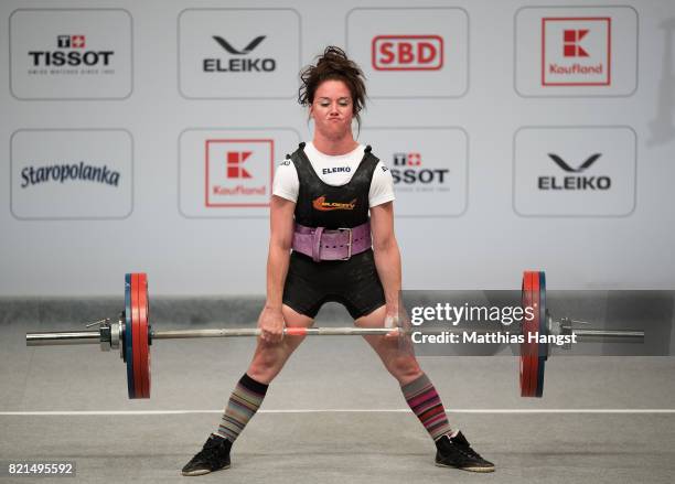 Stephanie Puddicome of Canada competes during the Powerlifting Women's Lightweight competition of The World Games at the National Forum of Music on...