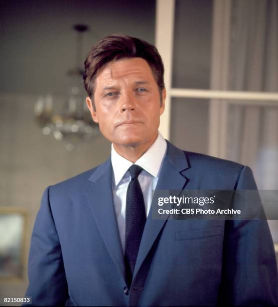 Promotional portrait of American actor Jack Lord , , in character as Steve McGarrett, in a scene from an episode of the television police crime drama...