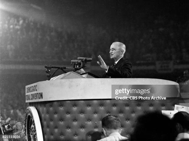 News coverage of the Democratic National Convention in Chicago, Illinois. July 25, 1952. Pictured is President Harry S. Truman giving a speech.