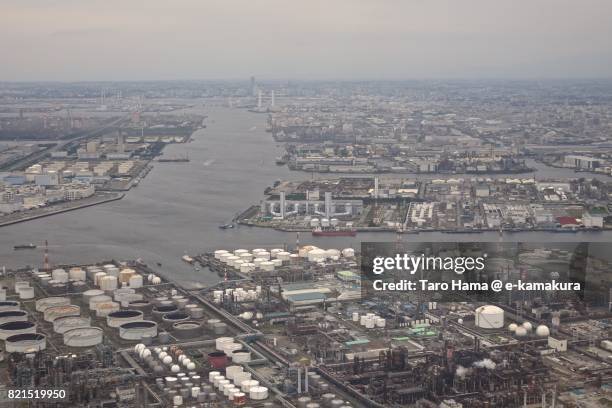 factory area in kawasaki city in kanagawa prefecture daytime aerial view from airplane - kanagawa prefecture stock pictures, royalty-free photos & images