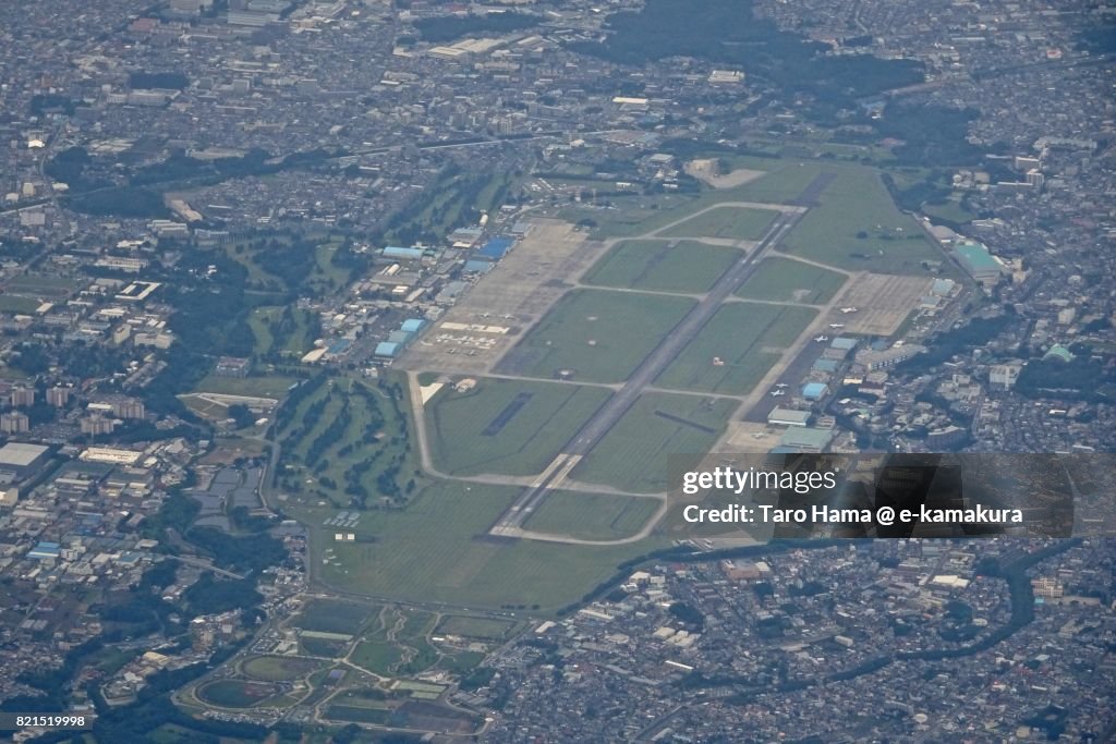 Japan Maritime Self-Defense Force Atsugi Air Base daytime aerial view from airplane