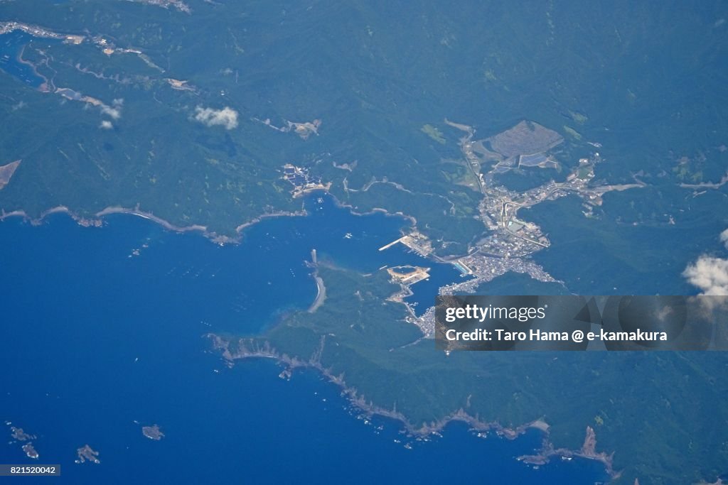 Beach and seaside line in Taiki town in Mie Prefecture daytime aerial view from airplane