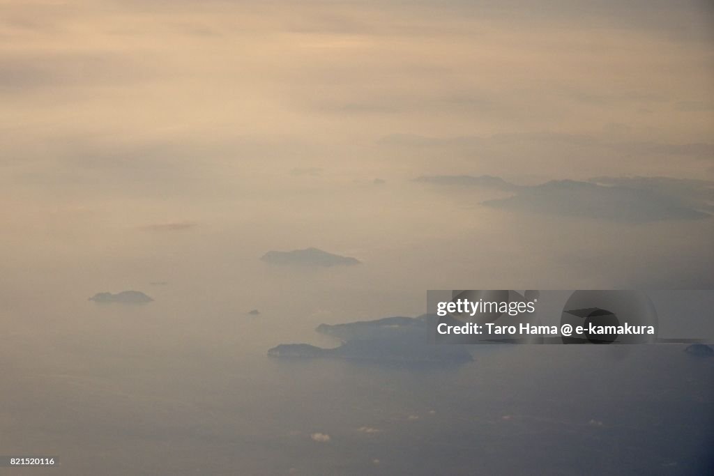 Okinoshima Island in Sukumo city in Kochi prefecture sunset time aerial view from airplane