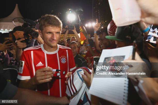 Thomas Mueller of FC Bayern Muenchen attends a adidas marketing event at Clifford square during the Audi Summer Tour 2017 on July 24, 2017 in...