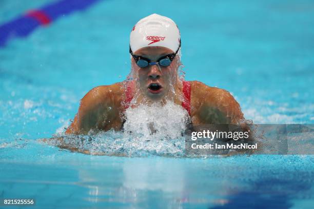 Rachel Nicol of Canada competes in the Women's 100m Breaststroke heats on day eleven of the FINA World Championships at the Duna Arena on July 24,...