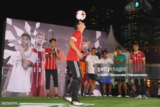 James Rodriguez of FC Bayern Muenchen shwo football skills during a adidas marketing event at Clifford square during the Audi Summer Tour 2017 on...