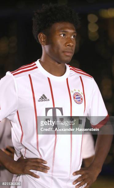 David Alaba of FC Bayern Muenchen looks on during a adidas marketing event at Clifford square during the Audi Summer Tour 2017 on July 24, 2017 in...