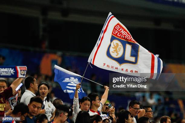 Fans of Olympique Lyonnais reacts during the 2017 International Champions Cup match between FC Internazionale and Olympique Lyonnais at Olympic...