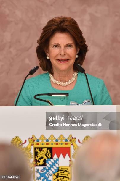 Queen Silvia of Sweden is awarded with the Bavarian Order of Merit at Prinz-Carl-Palais on July 24, 2017 in Munich, Germany.