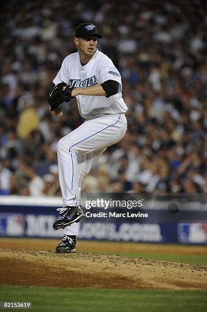 Roy Halladay of the Toronto Blue Jays pitches during the 79th MLB All-Star Game at the Yankee Stadium in the Bronx, New York on July 15, 2008. The...