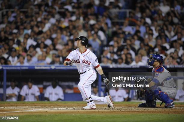 Dustin Pedroia of the Boston Red Sox hits during the 79th MLB All-Star Game at the Yankee Stadium in the Bronx, New York on July 15, 2008. The...