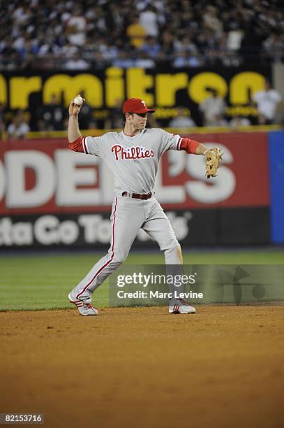 Chase Utley of the Philadelphia Phillies throws during the 79th MLB All-Star Game at the Yankee Stadium in the Bronx, New York on July 15, 2008. The...