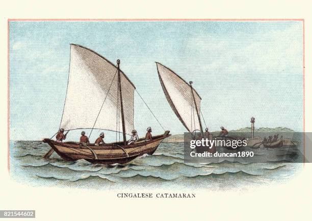 cingalese catamaran, 19th century - catamaran sailboat stock illustrations