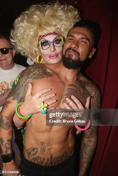 Jackie Beat and Boomer Banks pose backstage at "Jackie Beat: Birthday Bitch!" at The West Bank Cafe Theatre on July 23, 2017 in New York City.