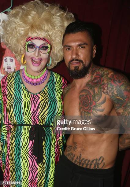 Jackie Beat and Boomer Banks pose backstage at "Jackie Beat: Birthday Bitch!" at The West Bank Cafe Theatre on July 23, 2017 in New York City.