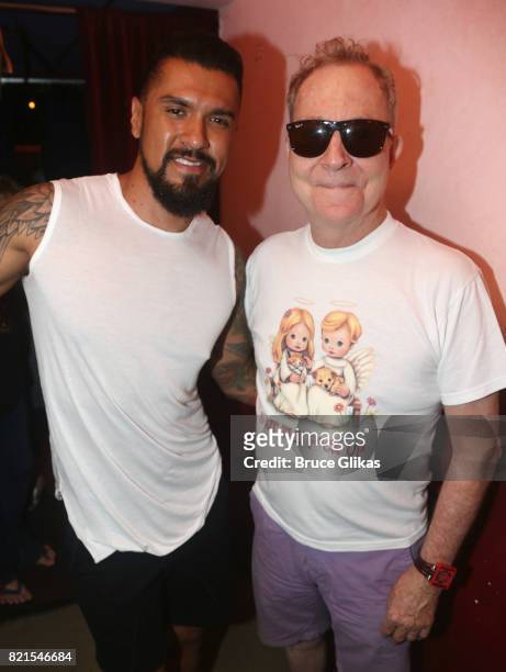 Boomer Banks and Fred Schneider of the "B-52's" pose backstage at "Jackie Beat: Birthday Bitch!" at The West Bank Cafe Theatre on July 23, 2017 in...