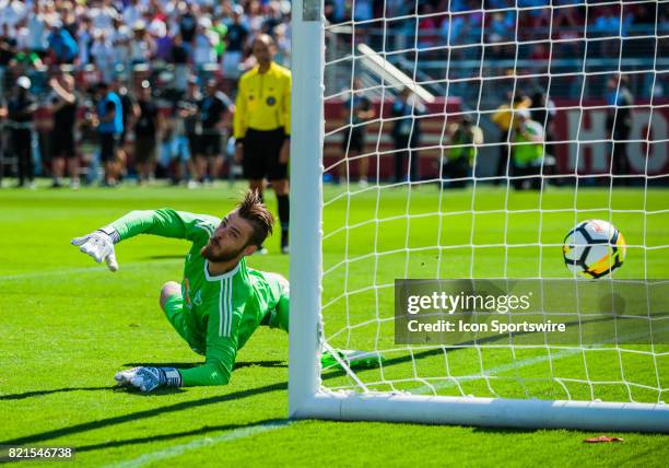 Ball sails past Manchester United goalkeeper David De Gea on kick off to decide the winner. Manchester United would win during the International...