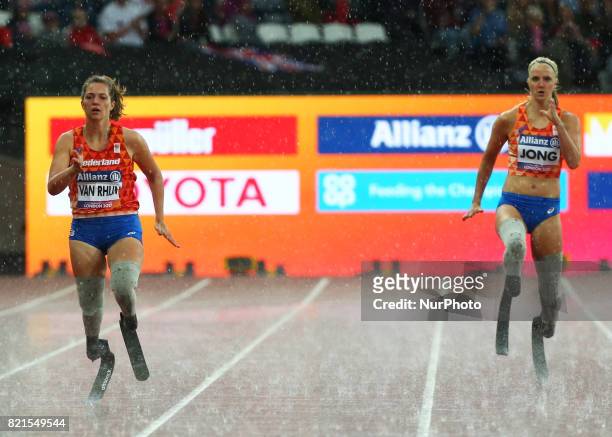 Marlou van Rhijn and Fleur Jong of Nederland winner of Women's 200m T44 Final during World Para Athletics Championships at London Stadium in London...
