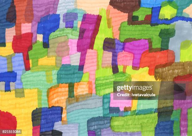 colourful abstract pattern background with trees - patchwork landscape stock illustrations