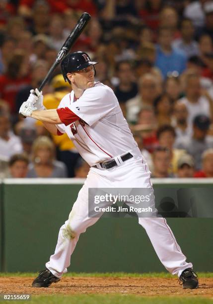 Jason Bay of the Boston Red Sox bats during a game against the Oakland Athletics at Fenway Park on August 1, 2008 in Boston, Massachusetts.