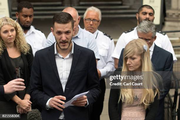 Chris Gard and Connie Yates, the parents of terminally ill baby Charlie Gard, speak to the media following their decision to end their legal...