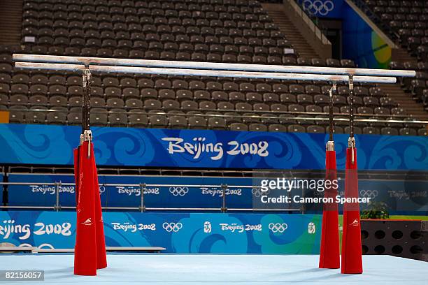 General view of the parallel bars at the National Indoor Stadium during a preview for the Beijing 2008 Olympic Games on August 2, 2008 in Beijing,...