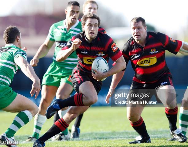 Tim Bateman of Canterbury is tackled by Manawatu's Aaron Good during the Air New Zealand Cup match between Canterbury and Manawatu held at AMI...