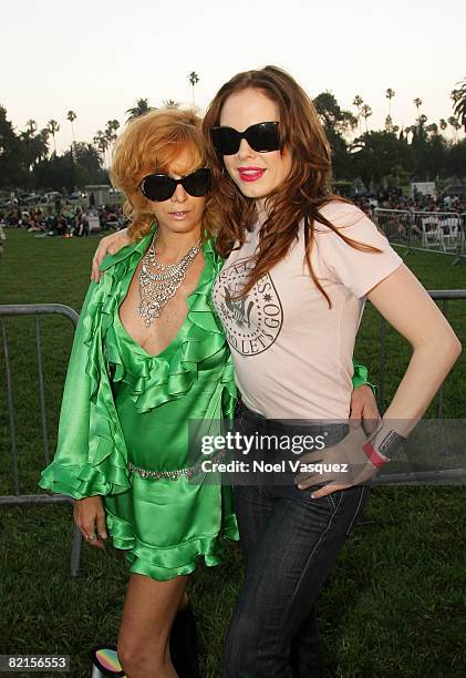 Linda Ramone and Rose McGowan attend the Tribute To Johnny Ramone at the Forever Hollywood Cemetery on August 1, 2008 in Los Angeles, California.