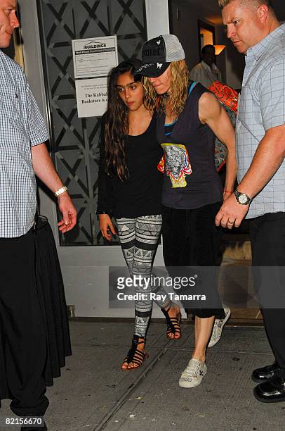 Singer and actress Madonna and her daughter Lourdes Leon leave the Kabbalah Center on August 01, 2008 in New York City.
