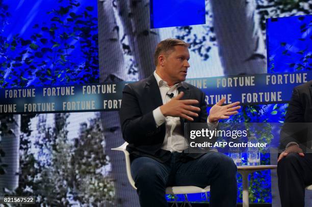 Marten Mickos, CEO, HackerOne, speaks July 18, 2017 during the Fortune Brainstorm Tech conference in Aspen, Colorado. / AFP PHOTO / ROB LEVER