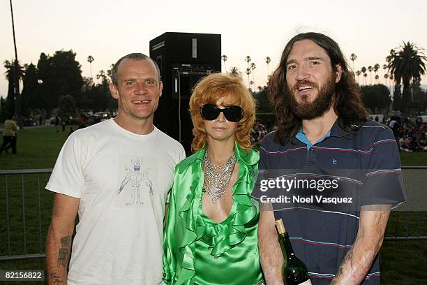 Flea, Linda Ramone and John Frusciante attend the Tribute To Johnny Ramone at the Forever Hollywood Cemetery on August 1, 2008 in Los Angeles,...