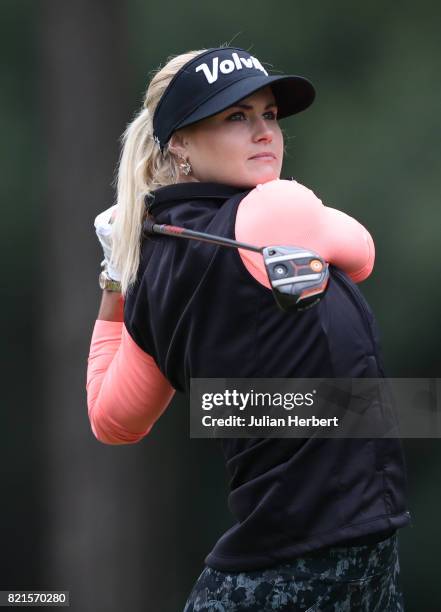 Carly Booth of Scotland plays a tee shot during The Berenberg Gary Player Invitational 2017 at Wentworth Club on July 24, 2017 in London, England.