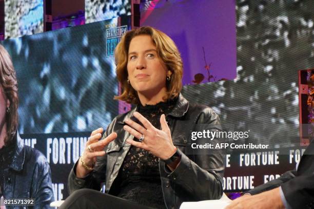 Margo Georgiadis, CEO, Mattel, speaks July 18, 2017 during the Fortune Brainstorm Tech conference in Aspen, Colorado. / AFP PHOTO / ROB LEVER