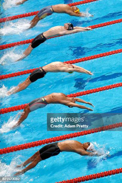 Athletes dive in to begin the Men's 100m Backstroke Semi-finals on day eleven of the Budapest 2017 FINA World Championships on July 24, 2017 in...