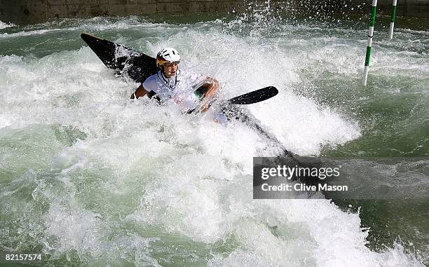 Jennifer Bongardt of Germany in action during practice for the Kayak Slalom at the Shunyi Olympic Rowing-Canoeing Park ahead of the Beijing 2008...